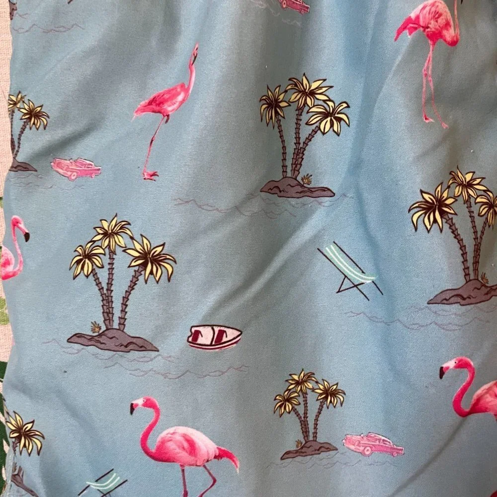 Blue Beachy Flamingo Palm Tree Boat Swimming Trunks With Back Pocket B1
